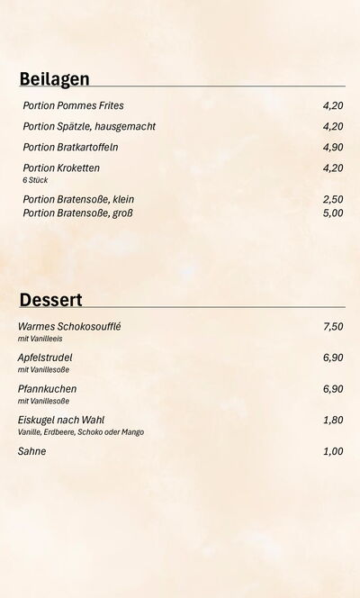 Speisekarte - Beilagen & Dessert
