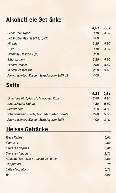 Speisekarte - Alkoholfreie Getränke