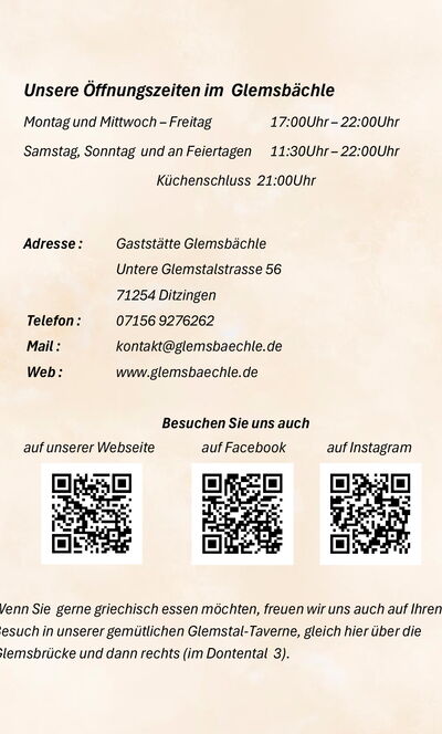 Speisekarte - Öffnungszeiten & Anschrift