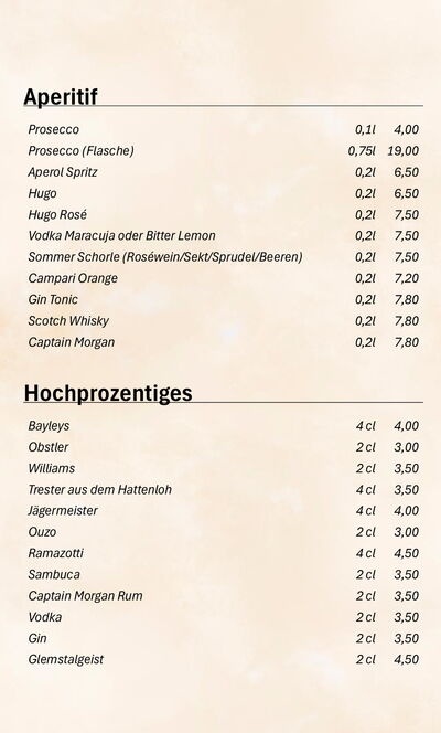 Speisekarte - Aperitif, Spirituosen